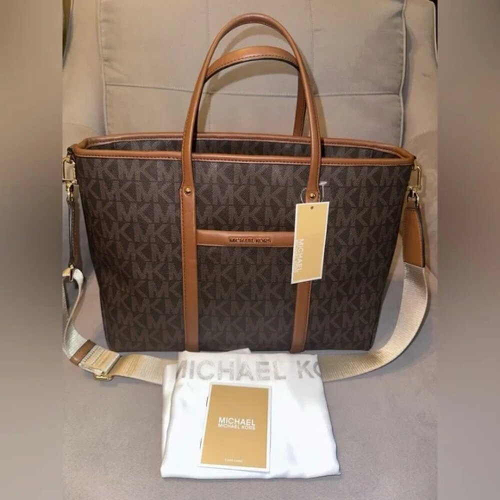 NWT Michael Kors Beck MK Signature Convertible Tote Bag in Brown